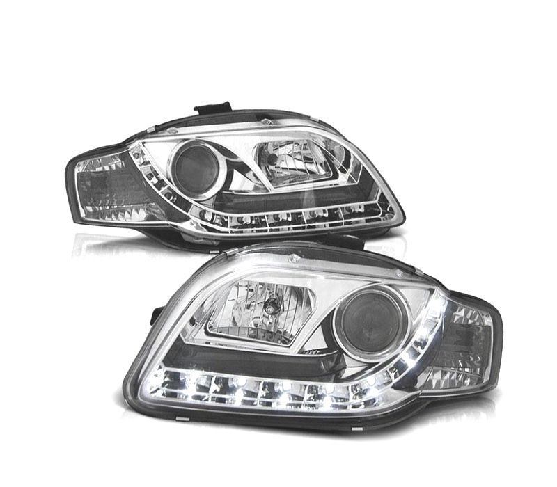 FARÓIS AUDI A4 B7 04-07 LUZ DIURNA LED REAL FUNDO CROMADO