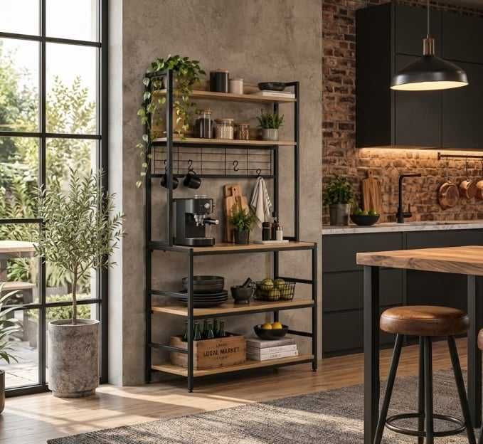Nowy Regał Kuchenny 84x40x171 Cm 6 Poziomów Półki Mdf 4 Haczyki Loft Jasny Dąb Stojak Na Mikrofalówkę I Ekspres