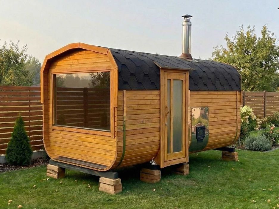 SAUNA Ogrodowa beczka 4m + GRATIS: balia do schłodzenia+LED - z piecem