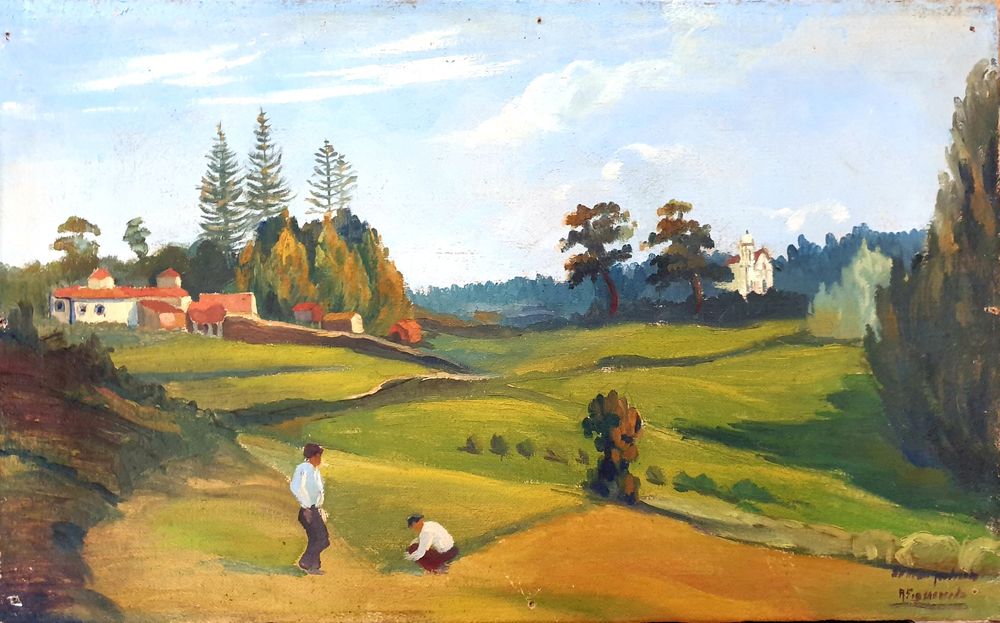 A. Figueiredo - paisagem campestre - antiga pintura em óleo sobre tela