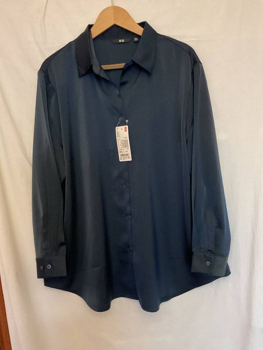 Женская атласная японская блуза синяя,большой размер.