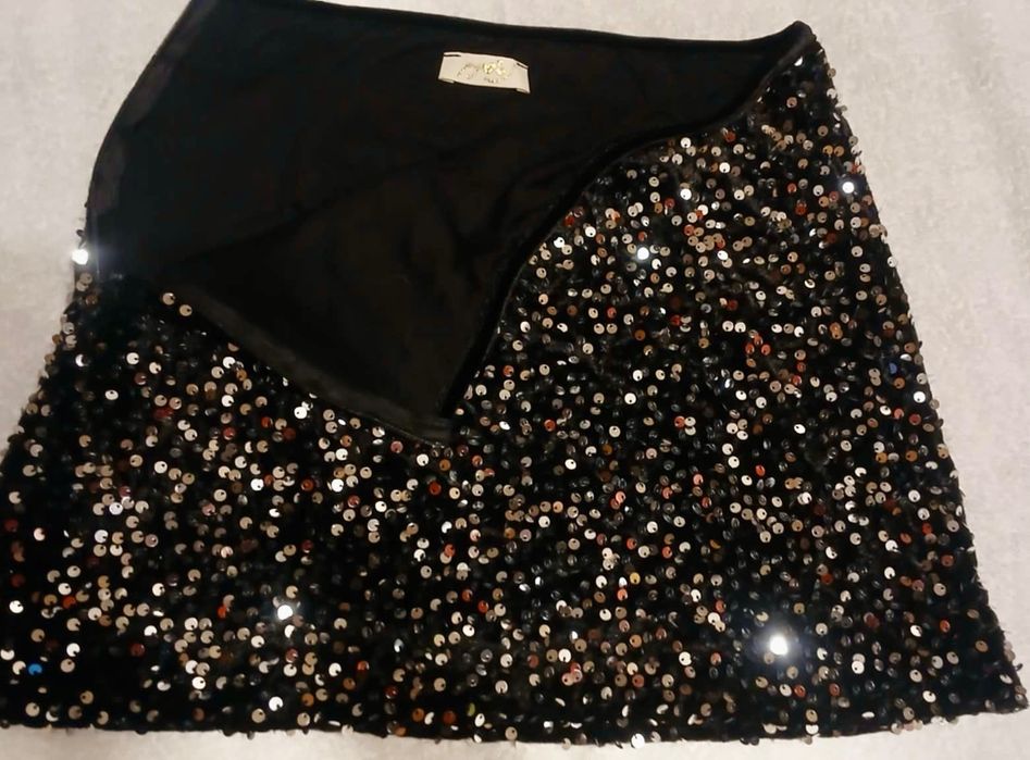 NOWA czarna spódnica mini srebrne cekiny zamek S