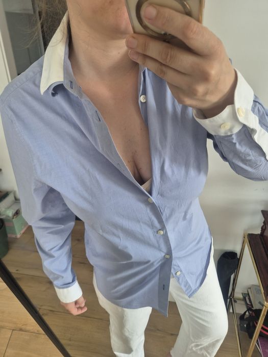 Koszula biało niebieska blue shirt z kołnierzykiem elegancka oldmoney