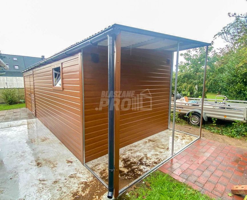 Garaż blaszany 3x7m wiata bram drewnopodobny  dach spad w przód  GP676