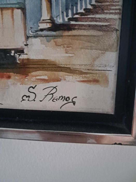 Pintura original sobre tela — Elétrico de Lisboa — assinada S. Ramos
