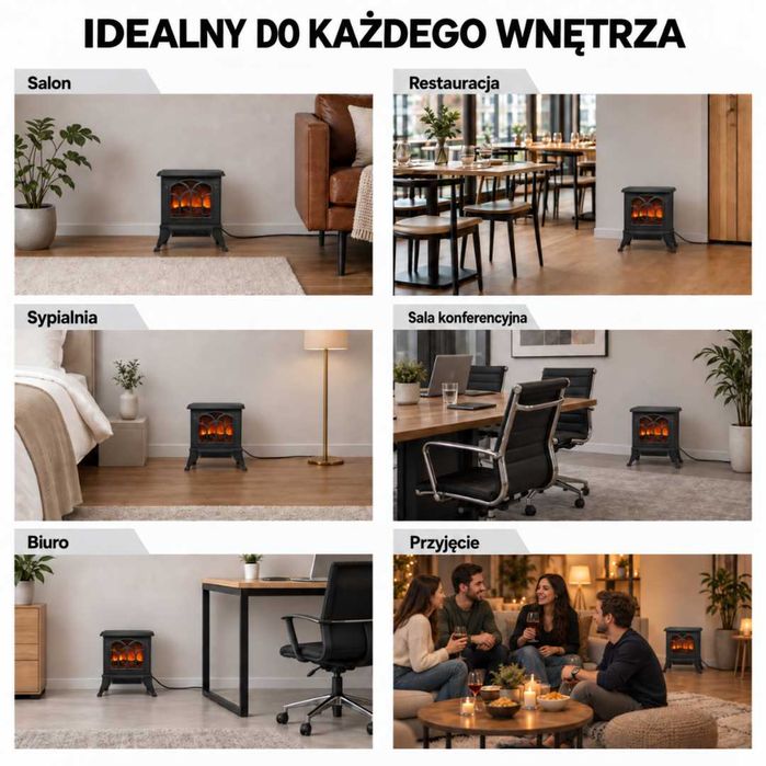 Kominek Elektryczny 1500W Grzejnik Termowentylator Efekt Płomienia 3D Termostat Wolnostojący