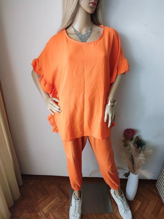 Bluzka oversize neon orange Made in Italy plus size falbanki boho