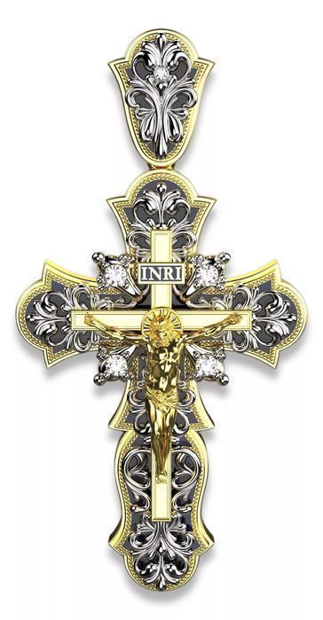 Krzyżyk prawosławny żółtego różowego 14k złota z brylantami cgoc005 W