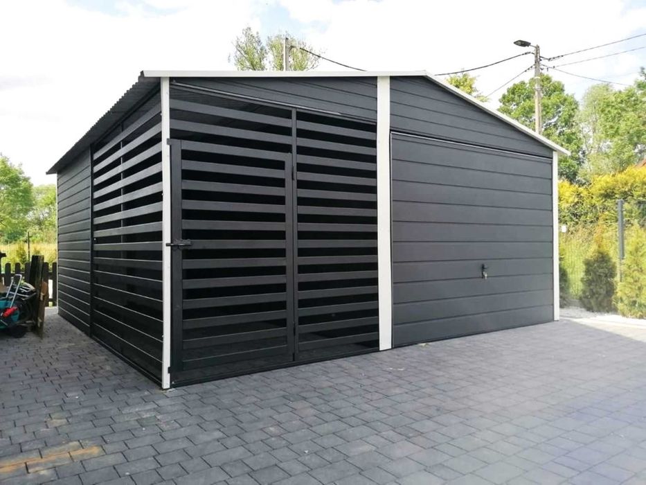 Blaszany garaż 3×5 m + kojec dla psa 2x5m – ciemny grafit matowy