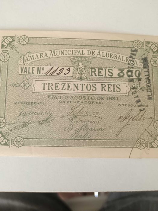 Vendo, cédula no valor de 300 Reis da antiga Câmara Municipal de Aldegalega, hoje Montijo.