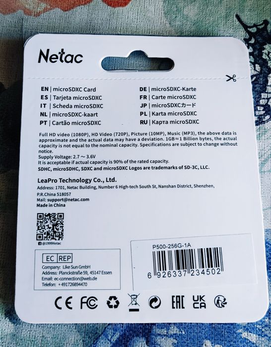 Карта памяти 256Gb Netac micro SD XC UHS-I U3 V30 A1 class 10 100Mb/s
