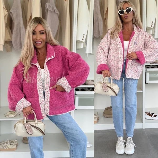 Dwustronna kurtka kożuszek kwiatuszki wiosna różowa Varlesca chicaca S