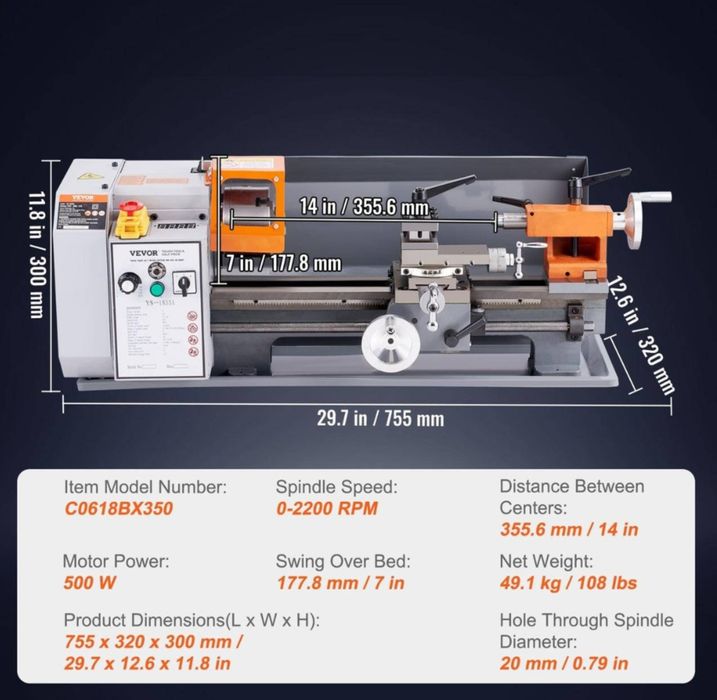 Токарний станок Vevor , токарний верстат Vevor 500watt