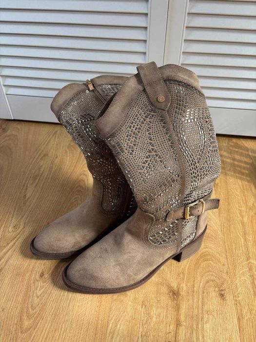 nowe ażurowe skórzane zamszowe kozaki kowbojki