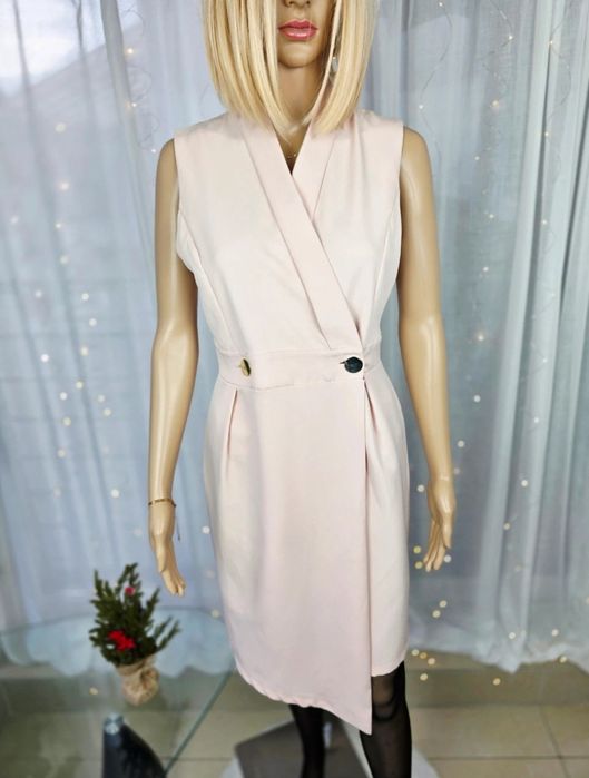 Sukienka pudrowy róż dekolt V 36 S bawełna