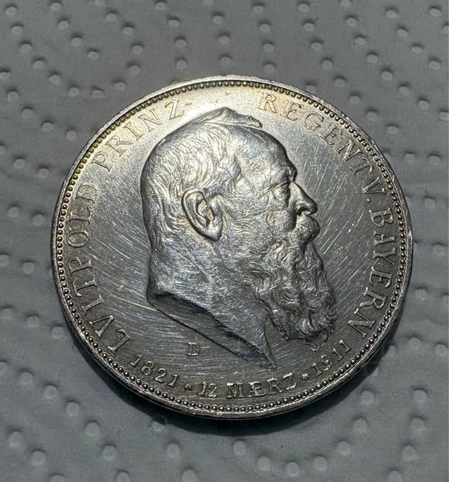 Срібна монета 5 марок 1911 рік Луітпольд
