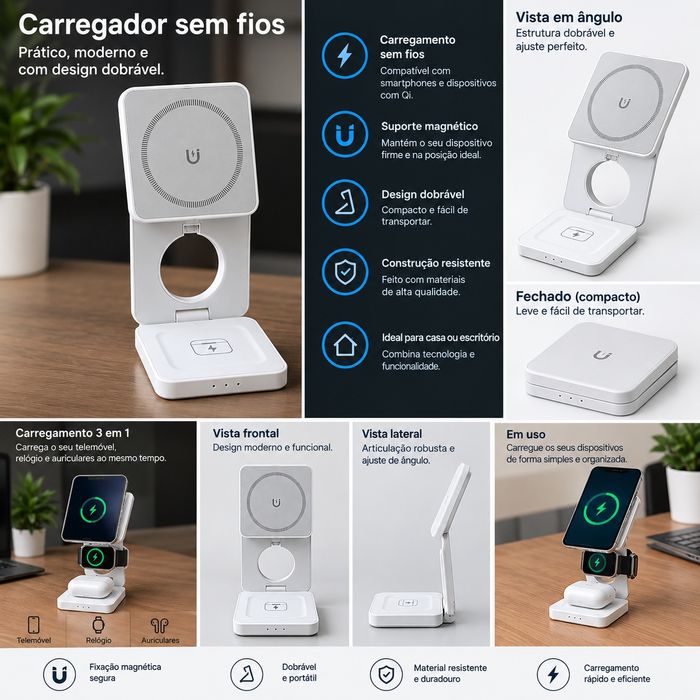 Carregador Sem Fios 3 em 1 — Prático, Elegante e Dobrável