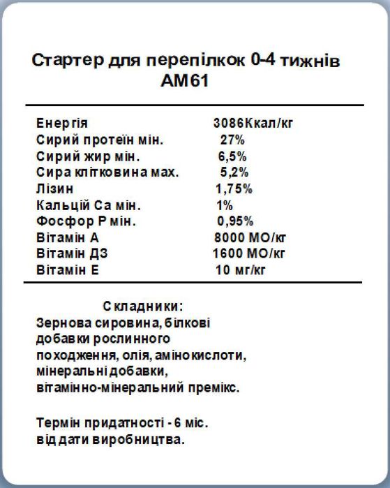 Комбікорм Стартер для індиків та перепілок від 0 до 35днів АМ71 (25кг)