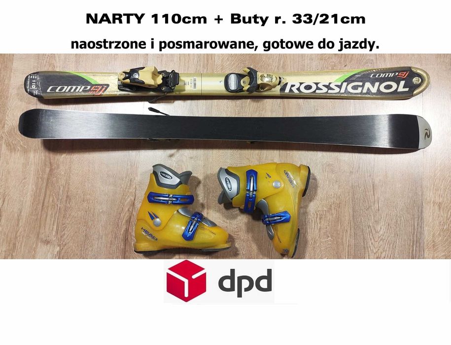 narty zjazdowe carvingowe Rossignol 110cm + buty r33/21cm dla dzieci.