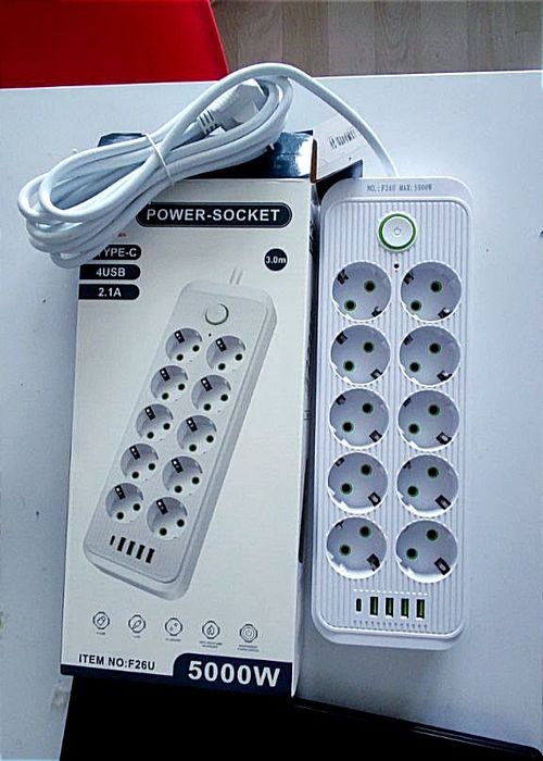 Подовжувач Мережевий фільтр 10 розеток + 4 USB + 1 Type-C | Кабель 3 м