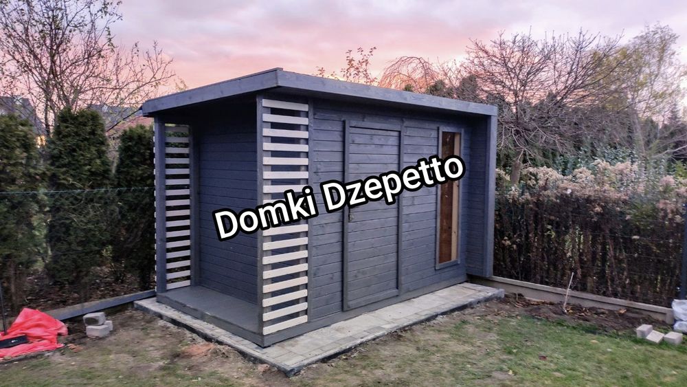 %RATY% Nowoczesny domek narzędziowy z drewutnia zadaszeniem
