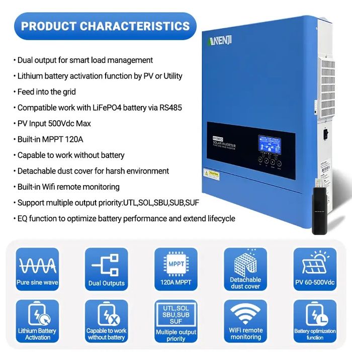 Гібридний інвертор Anenji 6200w/9000w 48v оновлена версія 6.2kw  wi-fi