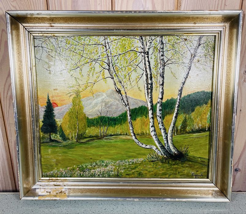 Pejzaż olejny ręcznie malowany brzozy zieleń