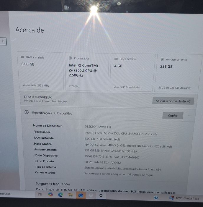 HP envy x360 15bp0xx i5 8gb ram grafica nvidea 940MX 256SD