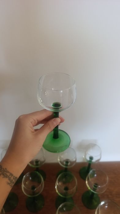 Jogo de 12 copos vintage, pé e base verde