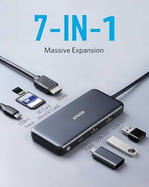 Hub Anker USB C 7w1 HDMI 4K PD 85W USB A SD microSD 821
