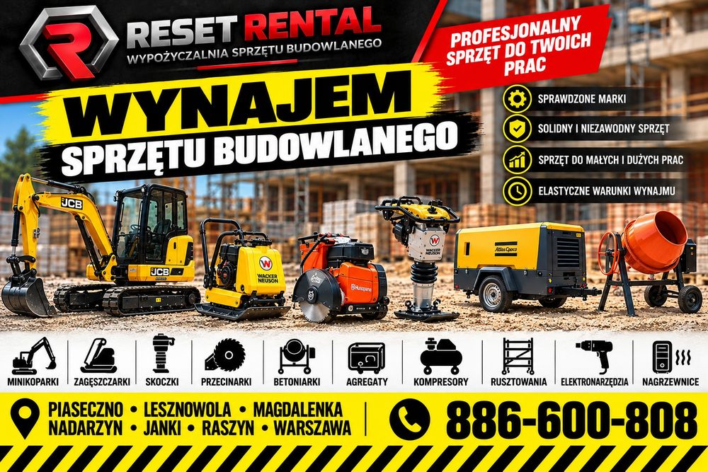 Wynajem sprzętu budowlanego maszyny budowlane wypożyczalnia zagęszczarki  osuszacze Nagrzewnice elektronarzędzia odkurzacze wentylatory rusztowanie