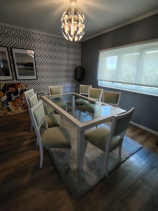 Mesa de Jantar 180x100 cm + 8 Cadeiras | Madeira Lacada Branca e Vidro Temperado