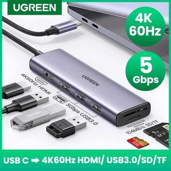UGREEN 6в1 Hub USB-хаб Type C, 3xUSB 3.0, HDMI SD/TF