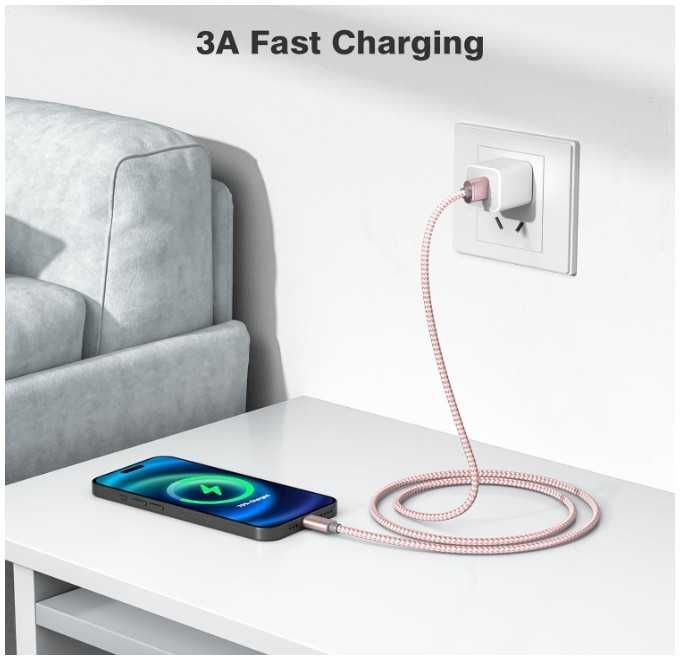 Kabel USB A do USB C w oplocie 3 sztuki 0.5/1/2m różowy Elebase