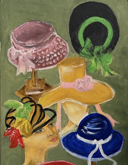 Pintura a Óleo Vintage com Composição de Chapéus e Manequins