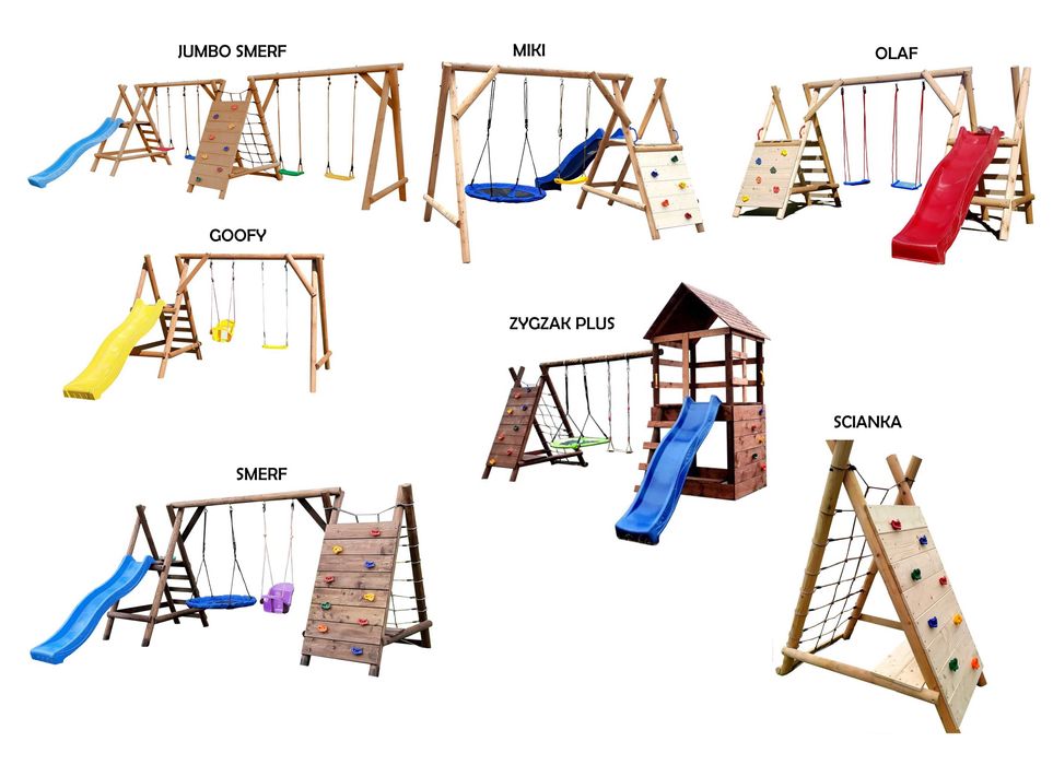Drewniany Plac Zabaw do Ogrodu JUMBO-SMERF 4Huśtawki Ślizg DUŻAŚcianka