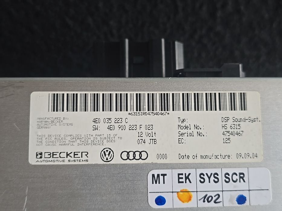 Amplificador de Som Becker Audi A8 D3 4E 2003- EPC OEM