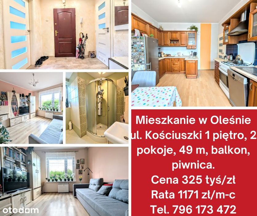 Mieszkanie ul. Kościuszki, 1 piętro, 2 pokoje, balkon, piwnica