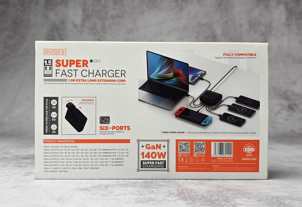 Мережевий зарядний пристрій LDNIO A6140C LED 6xUSB PD3.0 140W QC4.0