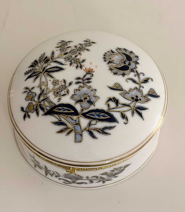 Caixa Jóias Porcelana Victória Hand Painted 14cm Azul Cobalto Dourado