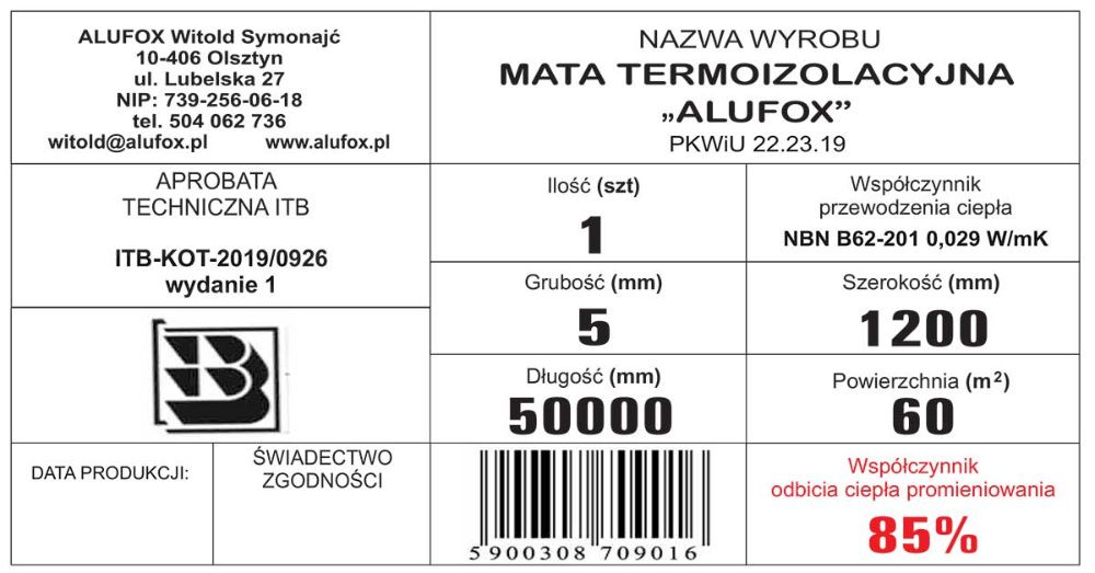 Mata termoizolacyjna Alufox - autoryzowany dystrybutor mata/pianka 45m