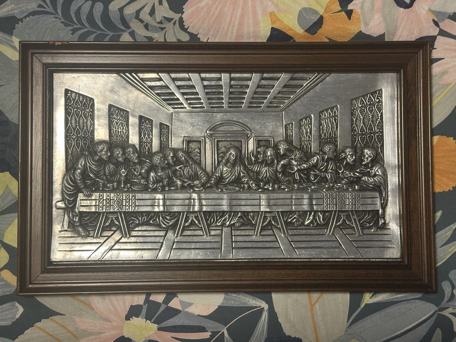 Quadro da Última Ceia em Estanho com Moldura de Madeira