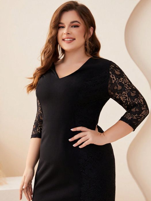 Sukienka Wieczorowa Koronkowa Syrena Z Dekoltem V Maxi Czarna Xxl 44