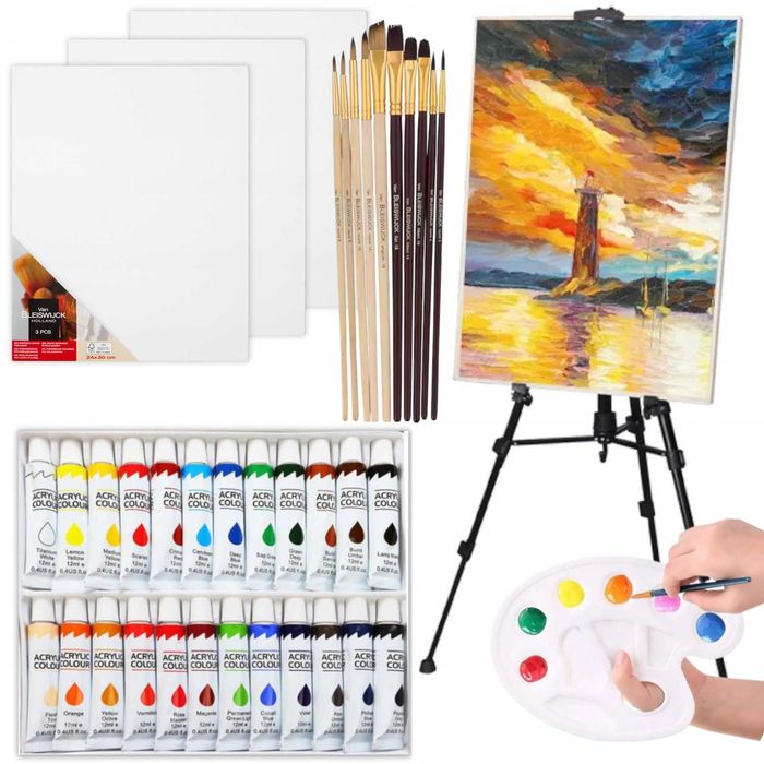 Zestaw artystyczny malarski sztaluga farby płótna pędzle dla dzieci