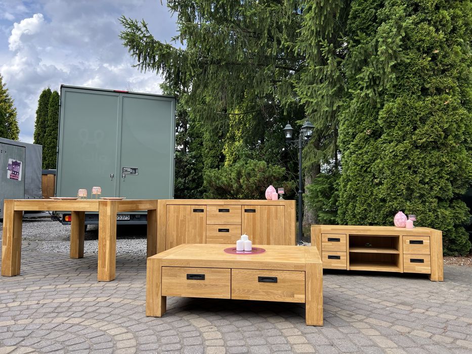 Zestaw mebli drewnianych – komoda + witryna + stół + ława + RTV-