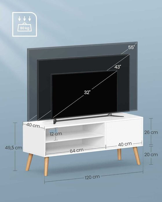 VASAGLE Szafka telewizyjna, szafka pod telewizor, szafka pod telewizor do 55 cali, szafka telewizyjna o długości 120 cm do salonu, sypialni, biały