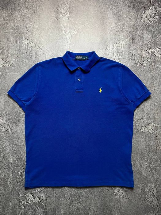 90х Вінтажна Футболка Поло Polo Ralph Lauren Поло Ральф Лаурен Великий Логотип Колір Синій Розмір Л