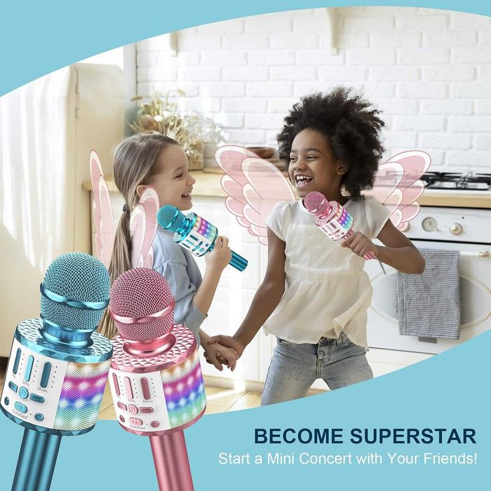 Microfone Karaoke Bluetooth Sem Fio Luzes LED  Gravação Natal