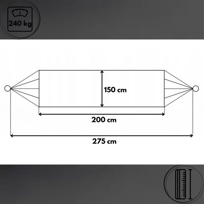 Hamak ogrodowy dwuosobowy boho 275x150 cm, 240 kg, szary + torba