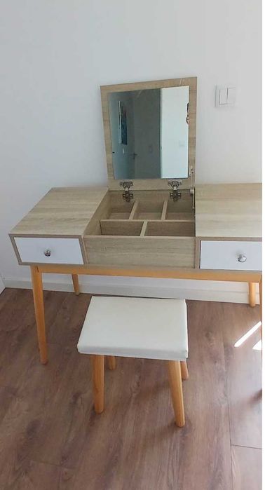 Toucador com Espelho Dobrável Mesa de Maquilhagem com Banco Compartimentos e Gavetas 100x45x118cm Madeira e Branco